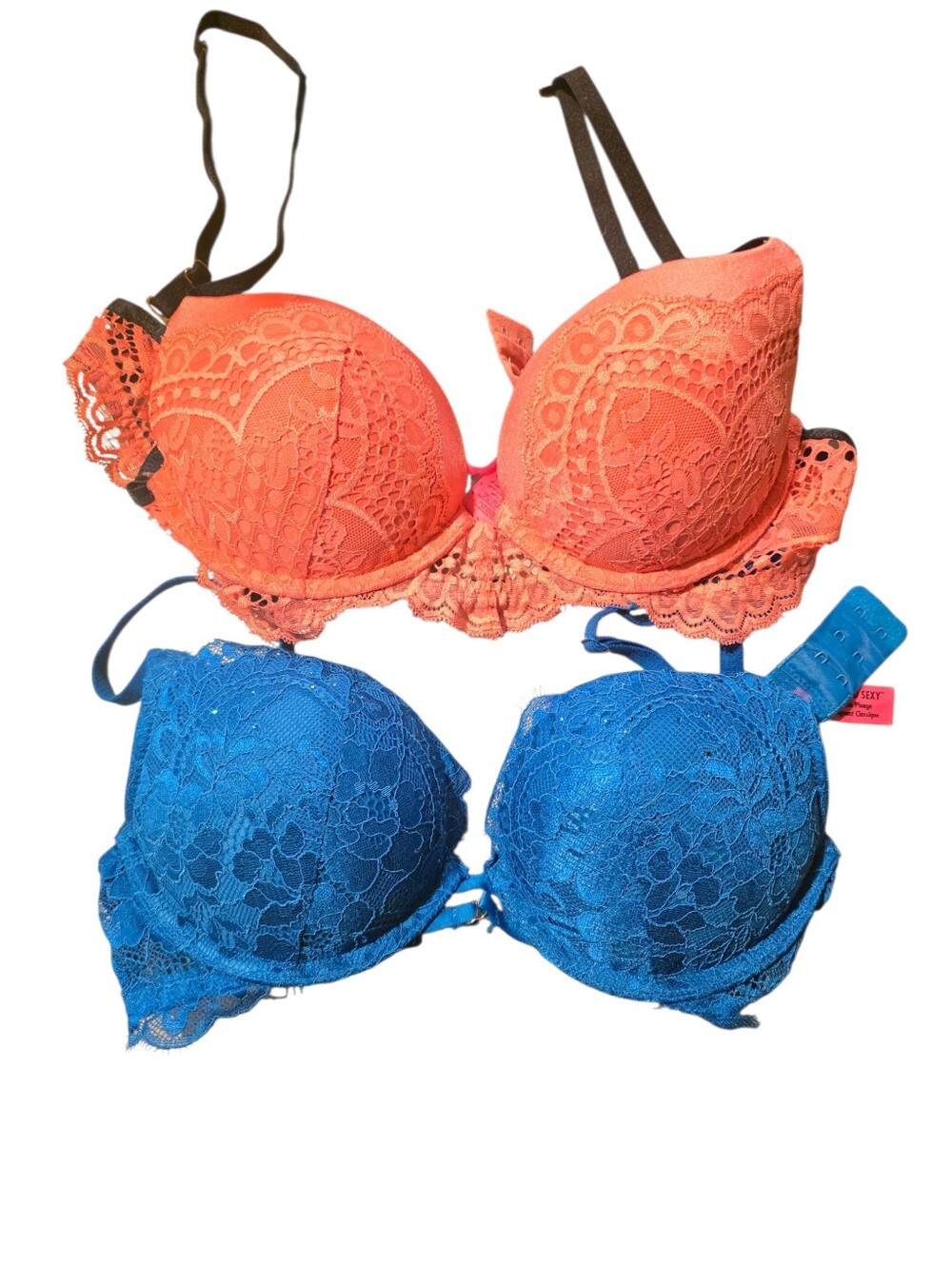 34b 2x La Senze Beyond Sexy Lace Push-Up Bra - Coral and Blue